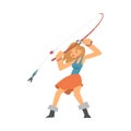 Young Woman Character in Fisherman Boots with Angling Rod Fishing Vector Illustration Royalty Free Stock Photo