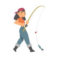 Young Woman Character in Fisherman Boots with Angling Rod Fishing Vector Illustration Royalty Free Stock Photo