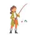 Young Woman Character in Fisherman Boots with Angling Rod Fishing Vector Illustration Royalty Free Stock Photo