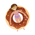 Young Woman Character Floating on Rubber Swim Tube of Doughnut Shape in Swimming Pool Vector Illustration