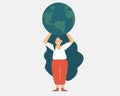 Young woman character embraces and holds the green planet. Flat girl cares the earth. Vector illustration