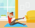 Young Woman Character with Headband and Sportswear Doing Abdominal Crunches on Mat Vector Illustration