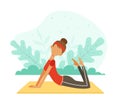 Young Woman Character with Headband and Sportswear Doing Yoga on Mat Vector Illustration