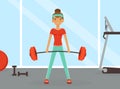 Young Woman Character with Headband and Sportswear Lifting Heavy Barbell Vector Illustration