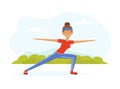 Young Woman Character with Headband and Sportswear Standing in Warrior Yoga Pose Vector Illustration