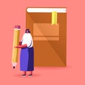 Young Woman Character Hold Pen front of Huge Book Prepare to Grammar Examination or Make Homework Royalty Free Stock Photo