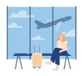 Young Woman Character with Luggage Waiting Flight in Airport Terminal Area with Flying Airplane on Background Royalty Free Stock Photo