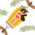 Young woman character lying in a hammock under the palm trees. Top view. Flat editable vector illustration, clip art on white