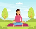 Young Woman Character on Mat Sitting in Yoga Pose Meditating in the Park Enjoying Hobby Activity Vector Illustration