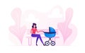 Young Woman Character in Medical Mask Sitting on Bench with Baby Stroller Lulling Child in Park