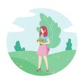 Young Woman Character in Park with a bouquet of flowers.