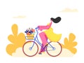 Young Woman Character Riding Bicycle with Flowers in Front Basket on Park Background. Active Girl Enjoying Bike Ride Open Air Royalty Free Stock Photo