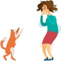 Young woman character scared of red cat. Girl believe in bad omen or afraid of an animal with claws