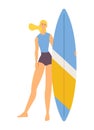 Young woman character standing and holding longboard surfboard isolated on white. Sport flat tall teen girl