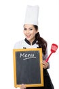 Young woman Chef with blackboard menu Royalty Free Stock Photo