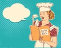 Young woman chef holding cook book in her hand on kitchen room.Reto color style illustration