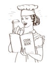 Young woman chef holding cook book in her hands on kitchen room.Reto style illustration