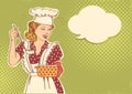 Young woman chef with retro clothes cooking soup. Retro color style illustration background Royalty Free Stock Photo