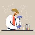 Young woman chemist with flasks with liquid in hand making experiment in chemical laboratory