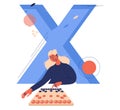 Young woman with chess board playing xiangqi. Blue letter X on background. Vector sport illustration