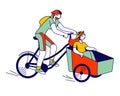 Young Woman with Child Characters Riding Bike with Trailer in City Park. Active People Enjoying Ride Open Air Royalty Free Stock Photo