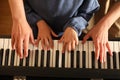 Young woman with child playing piano, above view. Music lesson