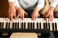 Young woman with child playing piano, above view. Music lesson