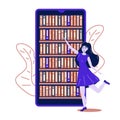 Young woman chooses books in an online bookstore on a smartphone Online mobile library concept famale character cartoon