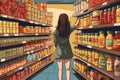 A young woman chooses canned food in a grocery store. Vector illustration, A woman comparing products in a grocery store, AI Royalty Free Stock Photo