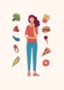 Young woman choosing between healthy and junk food cartoon vector illustration