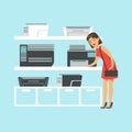 Young woman choosing MFP printer at appliance store colorful vector Illustration