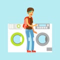 Young woman choosing new clothes washer. Appliance store colorful vector Illustration