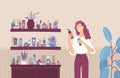 Young woman choosing between skincare cosmetic products cartoon illustration