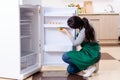 The young woman cleaning fridge in hygiene concept Royalty Free Stock Photo