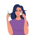 Young woman cleaning her face with cotton pad, holding cleaning lotion in her hand. Beauty, skin care and cosmetic concept. Vector Royalty Free Stock Photo