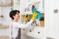 Young woman cleaning her house, she is dusting a shelf, chores and hygiene concept Royalty Free Stock Photo