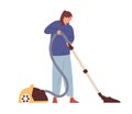 Young woman cleaning home with manual vacuum cleaner. Smiling homemaker running vac during cleanup. Colored flat vector