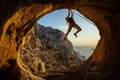 Young woman climbing challenging route in cave with beautiful sea view Royalty Free Stock Photo