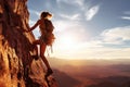 Young woman climbing on a cliff. Sport and active life concept, Extreme woman rock climbing on a mountain, no visible faces, AI