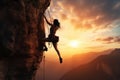 Young woman climbing on a cliff at sunset. 3D Rendering, Athletic Woman climbing on overhanging cliff rock with sunset sky Royalty Free Stock Photo