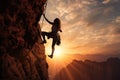 Young woman climbing on a rock wall at sunset. 3d rendering, Athletic Woman climbing on overhanging cliff rock with sunset sky Royalty Free Stock Photo