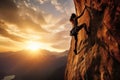 Young woman climbing on a rocky wall against the backdrop of a beautiful sunset, Extreme woman rock climbing on a mountain, no