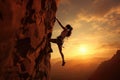 Young woman climbing on a rocky wall at sunset. Sport and active life concept, Athletic Woman climbing on overhanging cliff rock Royalty Free Stock Photo