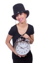 Young woman with clock isolated on white Royalty Free Stock Photo