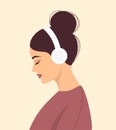 Young woman with closed eyes in headphones listening to music. Side view portrait. Vector illustration in flat style Royalty Free Stock Photo