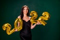 Young woman in cocktail dress with bright make-up celebrating New Year 2022 and holding golden balloons 2022 in hands on Royalty Free Stock Photo