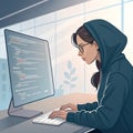 Young woman coding on computer in a modern workspace with natural light