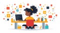 Young woman coding at a desk surrounded by colorful floating app icons, symbolizing technology, creativity, and