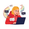 Young woman coding on laptop with colorful programming code symbols digital technology vector illustration Royalty Free Stock Photo