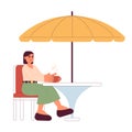 Young woman with coffee cup at outdoor street cafe flat vector cartoon character